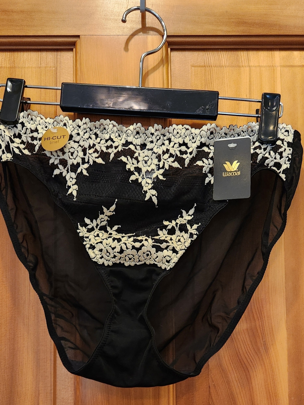 Wacoal Black Hi-Cut Brief with Cream Floral Embroidery